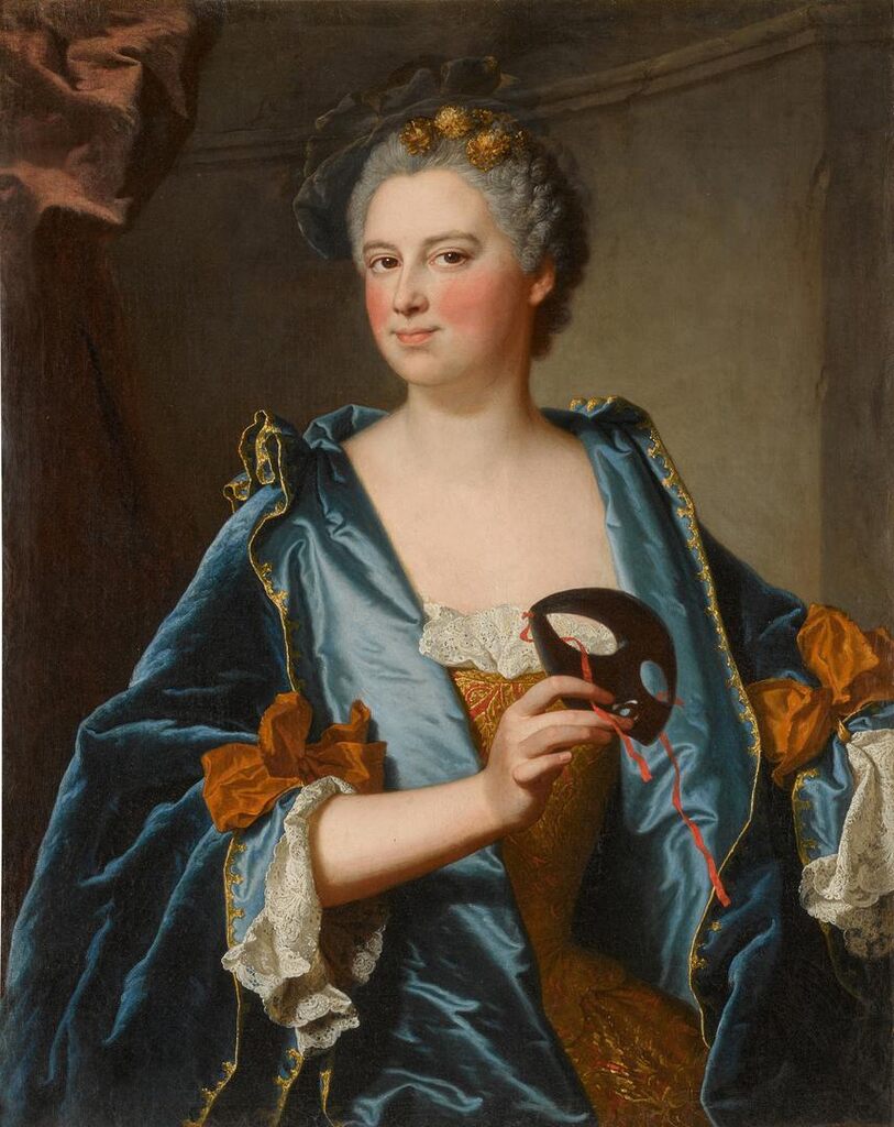 Portrait of Madame Grimod de La Reynière, née Marie-Madeleine Mazade (1716–1773), half-length, in a blue velvet cloak and holding a costume mask