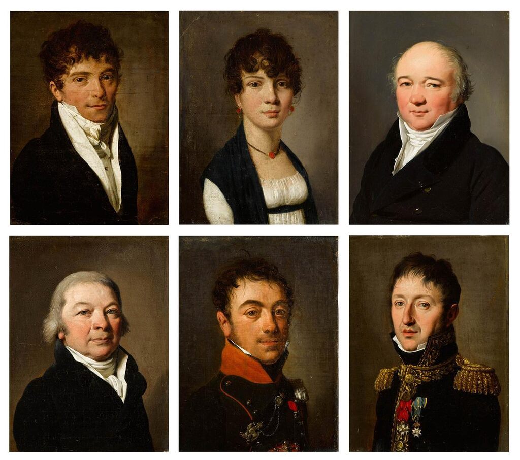 A set of six portraits: Portrait of a man wearing a black frock coat; Portrait of a lady wearing a white dress and a red cameo necklace; Portrait of a man wearing a black frock coat; Portrait of a man wearing a blue suit; Portrait of a First Empire officer in the uniform of the Imperial Army, wearing the cross of the Legion of Honour; Portrait of a First Empire officer in black uniform, wearing the badge of the Legion of Honour