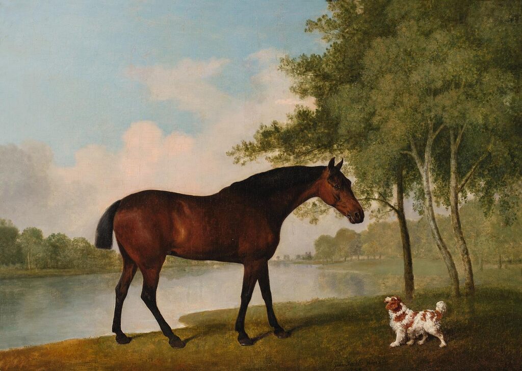 Bay Cob and a King Charles Spaniel on the Banks of the Serpentine in Hyde Park