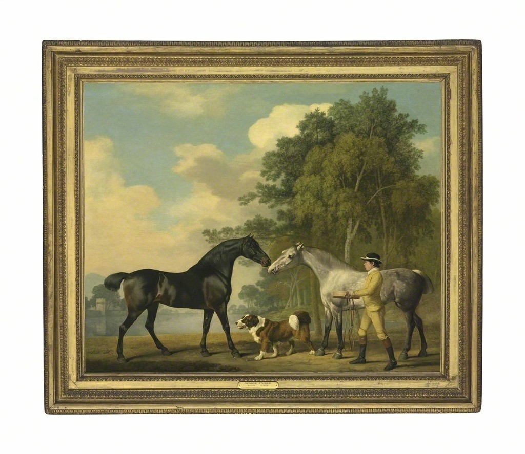 Two hunters with a young groom and a dog by a lake