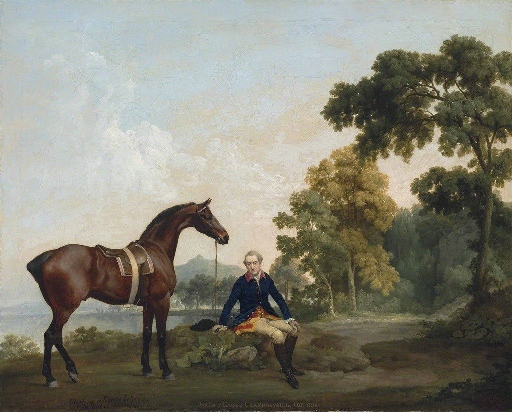 James Hamilton, 2nd Earl of Clanbrassil (1730-1798), with his bay hunter Mowbray, resting on a wooded path by a lake