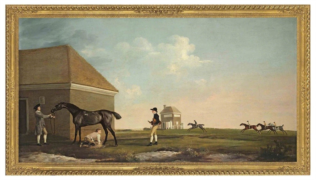 Gimcrack on Newmarket Heath, with a trainer, a jockey and a stable lad