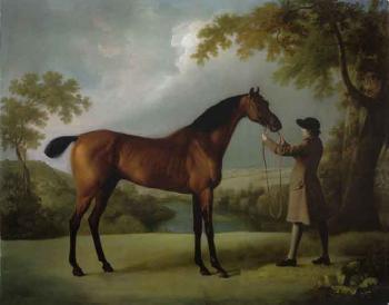 Tristram Shandy, bay racehorse held by groom, in an extensive landscape