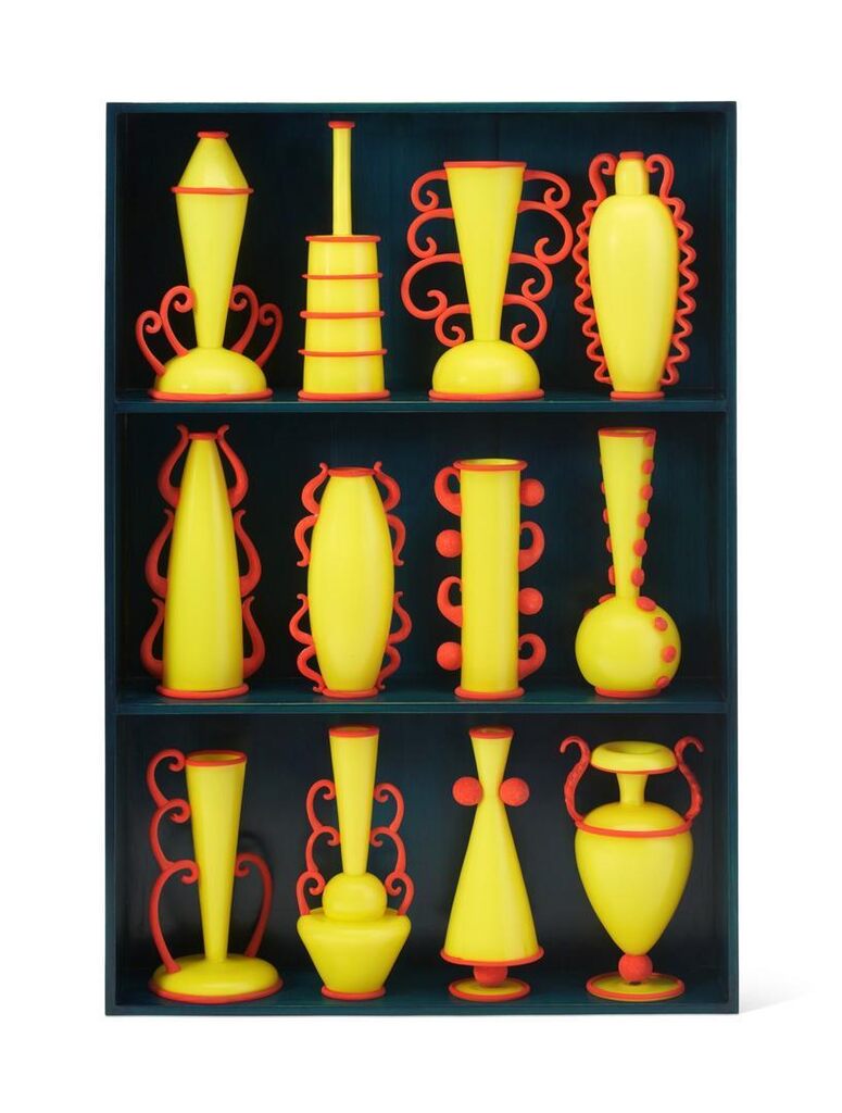 'Yellow with Red Vessel Display' Group of Twelve Glass Vases and a Hanging-Case
