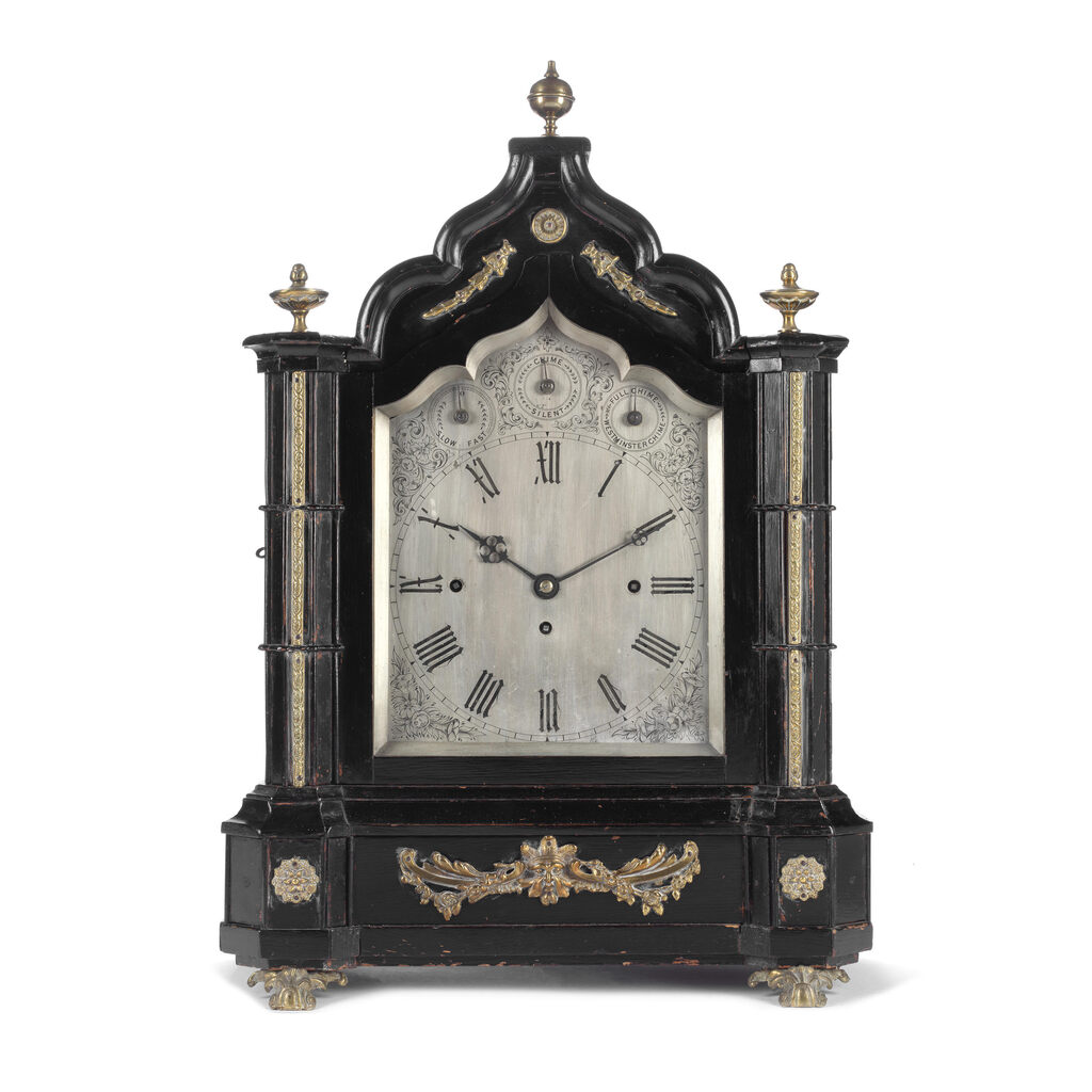 A third quarter 19th century ebonised and brass mounted chiming bracket clock
