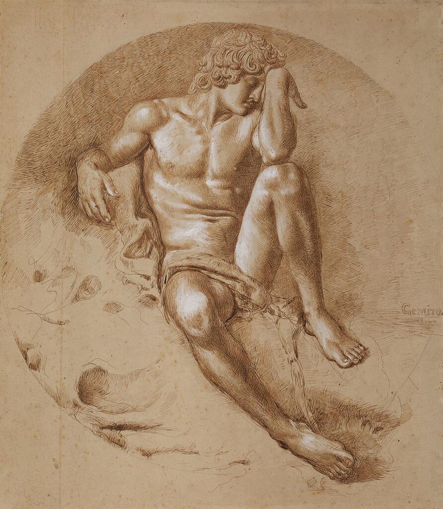 Male nude seated, partially covered by drapery