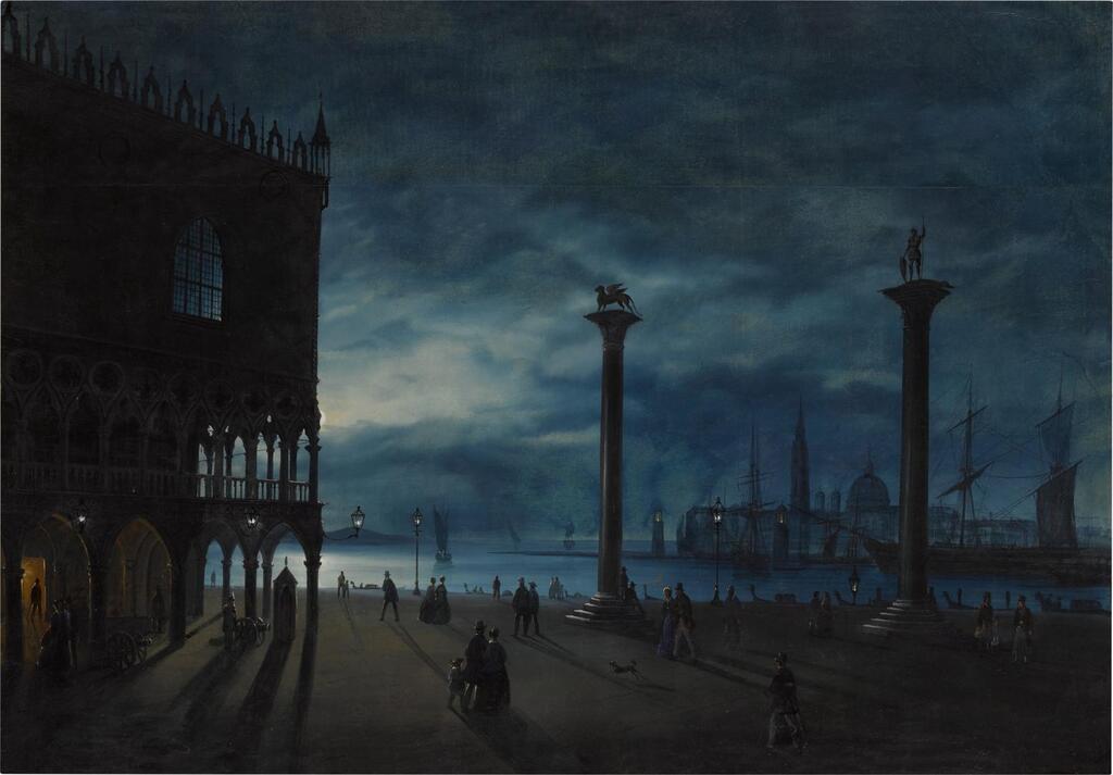 Venezia, veduta notturna con la Piazzetta San Marco e il Molo, con vista sull'Isola di San Giorgio