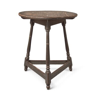 Very Fine and Rare William and Mary Spanish Brown Painted Maple and Pine Three-Legged Tavern Table, Southeastern Pennsylvania, Circa 1760