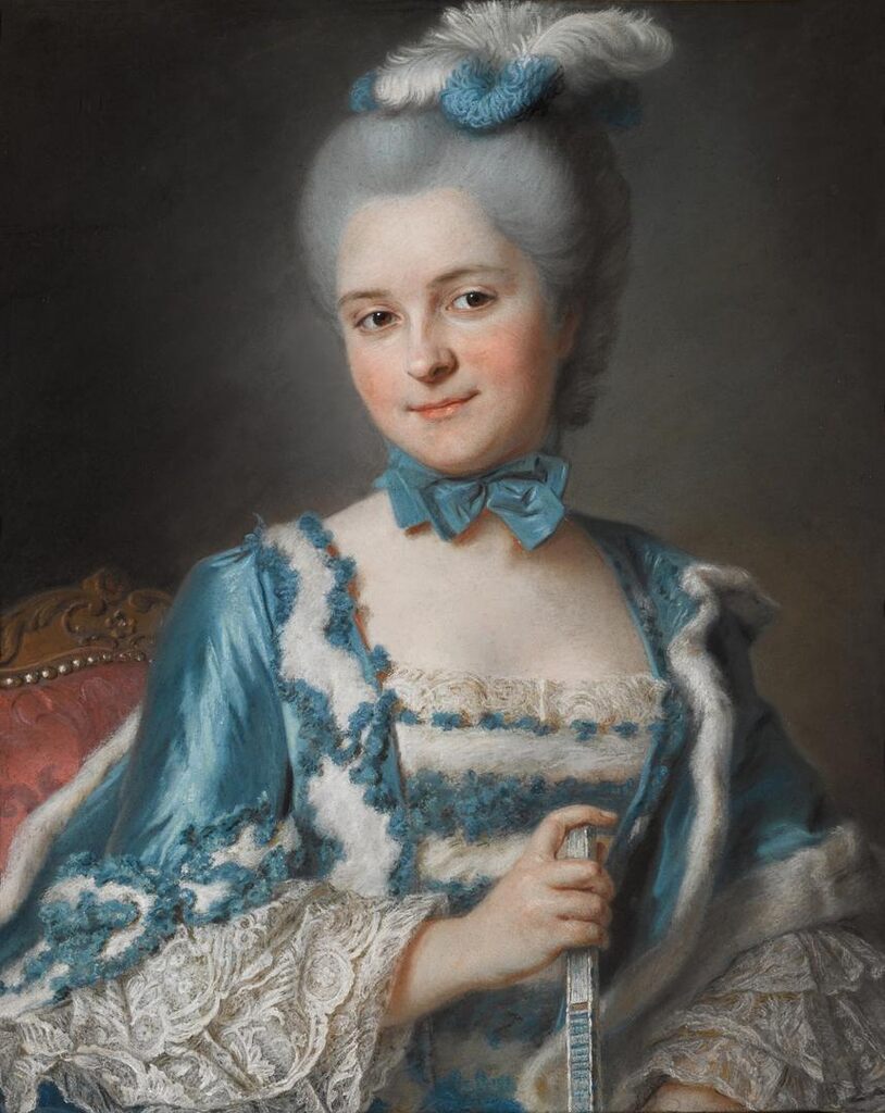 Portrait of a lady, bust-length, wearing a blue dress and holding a fan, seated on a Louis XV chair, said to be Madame Cailloux