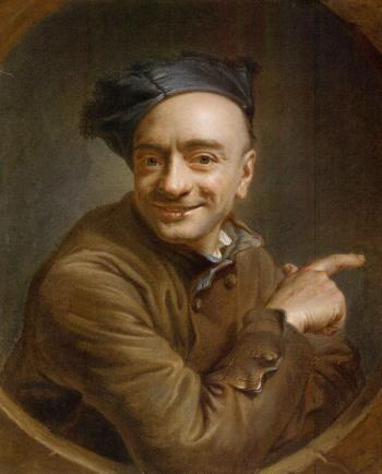 Self portrait, pointing to the right, seen through a window