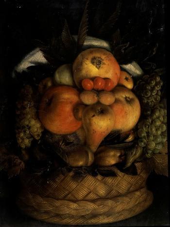 Reversible anthropomorphic portrait of a man composed of fruit
