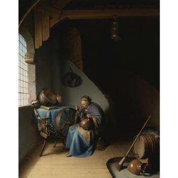 An Elderly Woman, Seated By A Window At Her Spinning Wheel, Eating Porridge