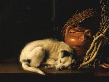 Sleeping dog beside a terracotta jug, basket, pair of clogs