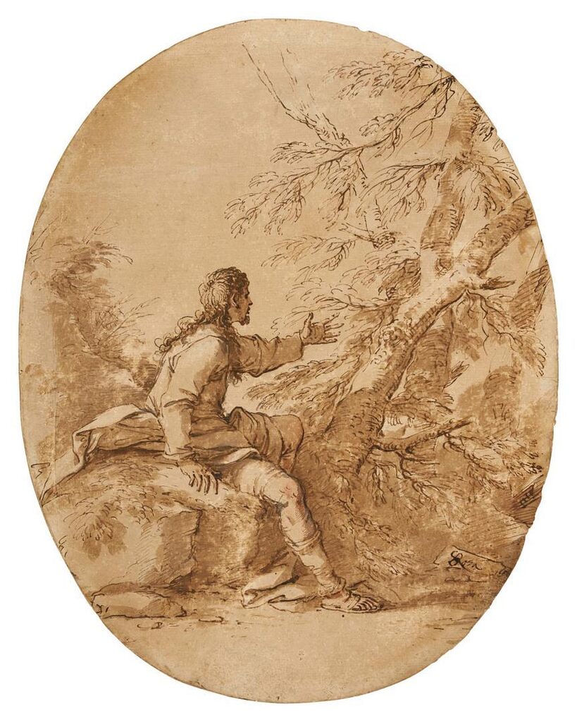 Seated Man Gesturing toward a Tree