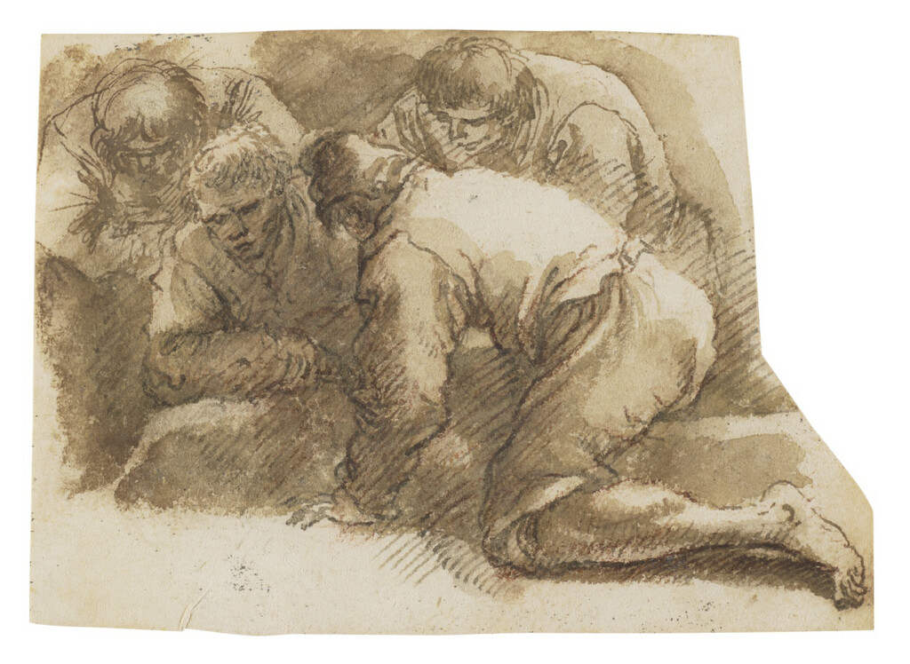 Four men throwing dice