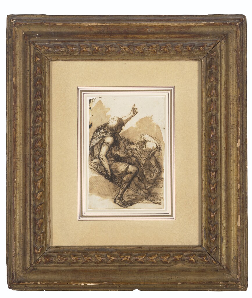 Two figures, one reclining, the other pointing upwards