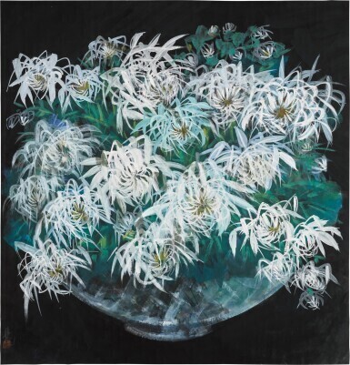 Lin Fengmian 林風眠, Lin Fengmian (1900 - 1991) Chrysanthemum Flowers in a Vase | 林風眠 (1900-1991年) 《菊花》設色紙本 鏡框