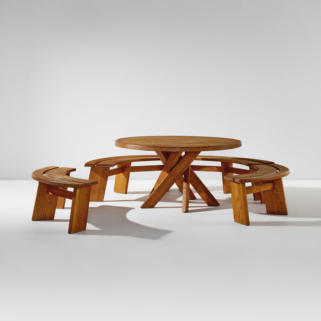 Table, model no. T21 D, and four benches, model no. S38