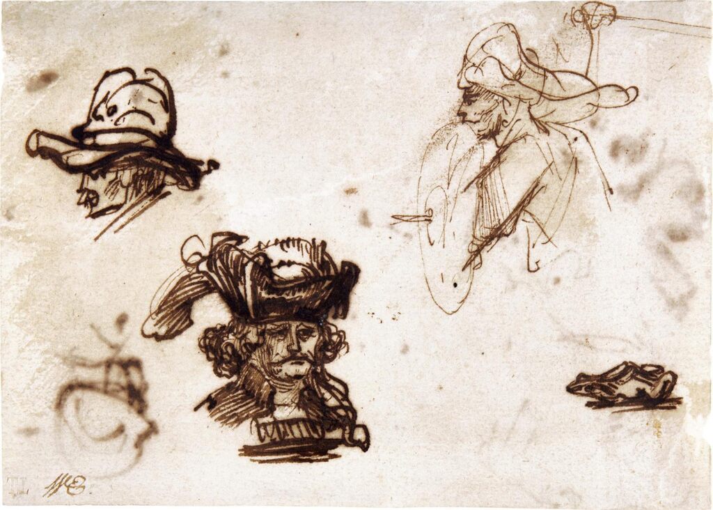 Double-sided sheet of studies of heads, and a frog