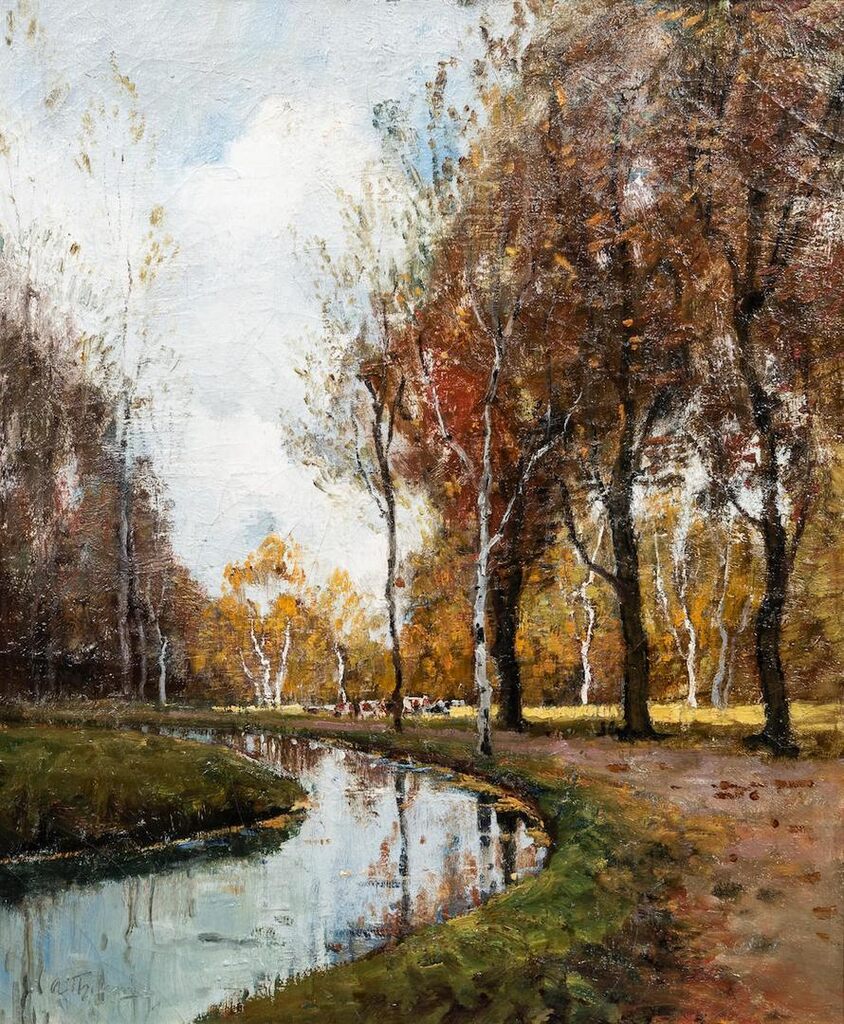 Autumn Scene with Cows by the Banks of a Stream