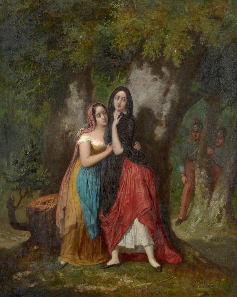 Firemen watching two young girls in the undergrowth