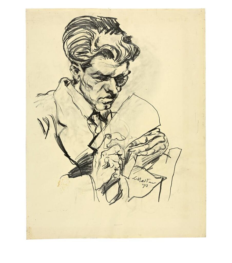 Portrait Raoul Hausmann, im Profil nach rechts, mit einem Buch in der Hand