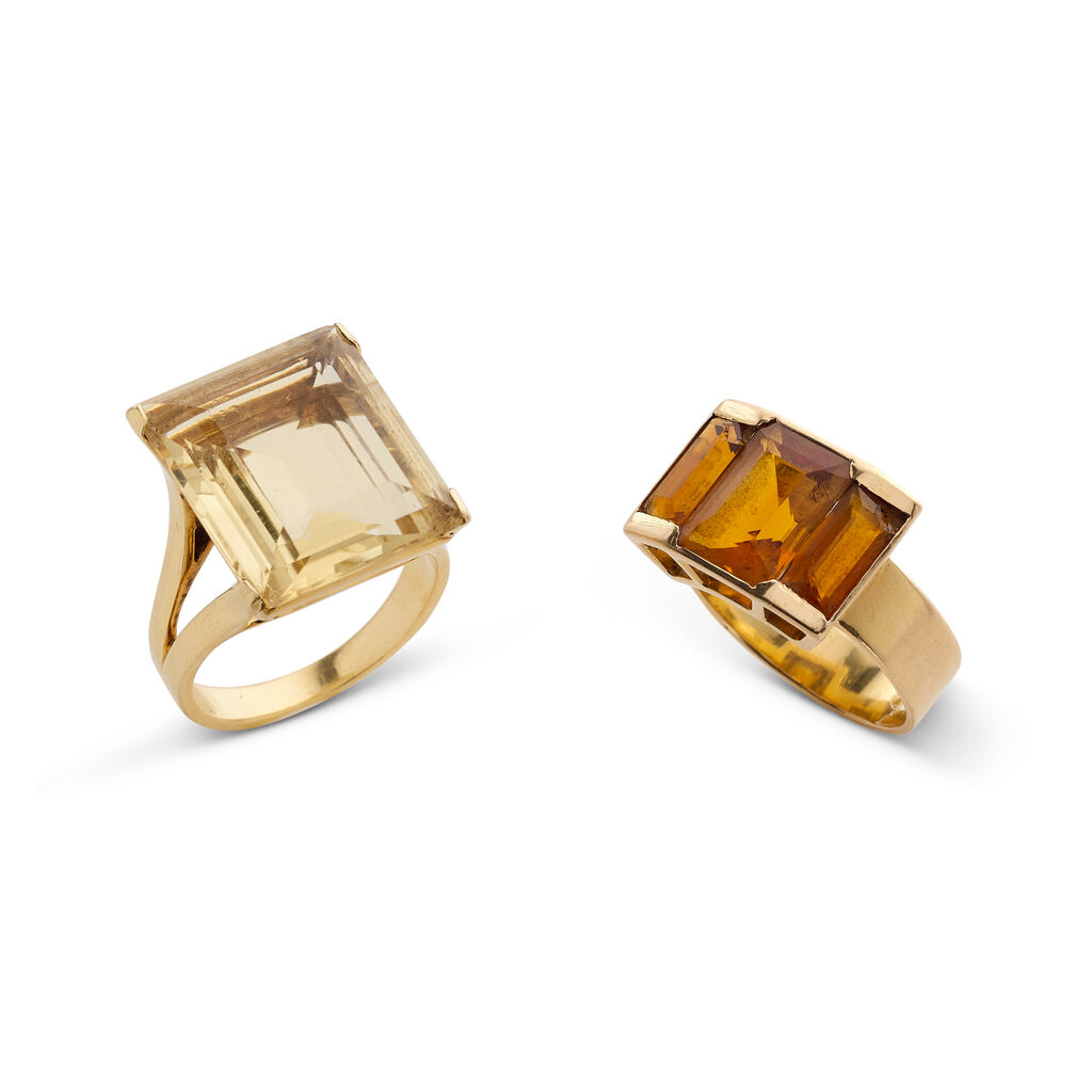JEAN FOUQUET BAGUE CITRINE ACCOMPAGNÉE D'UNE BAGUE QUARTZ FUMÉS