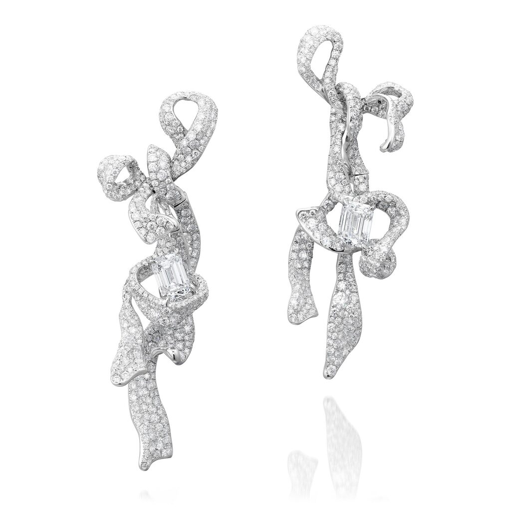Pair of Diamond Ear Pendants, 'Ribbon Collection'