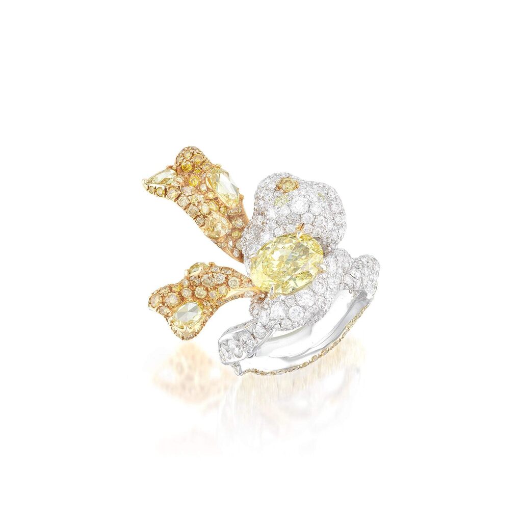 Fancy Intense Yellow Diamond and Diamond Diamond Ring, 'Ribbon Collection'