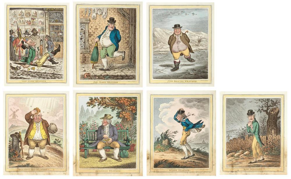 Delicious Weather; Dreadful-Hot-Weather; Sad Sloppy Weather; Raw-Weather; Fine Bracing Weather; Windy Weather; Very Slippy-Weather, from 'Weather' (BM 11094; 11095; 11096; 11097; 11098; 11100; 11099)