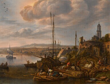 A river port in a Rhenish landscape with figures loading boats, a tower beyond