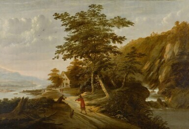 Sportsmen with their hounds and a falcon near a river in a wooded landscape