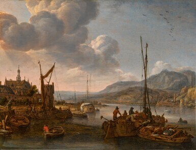 A river port in a mountainous Rhenish landscape with figures unloading boats