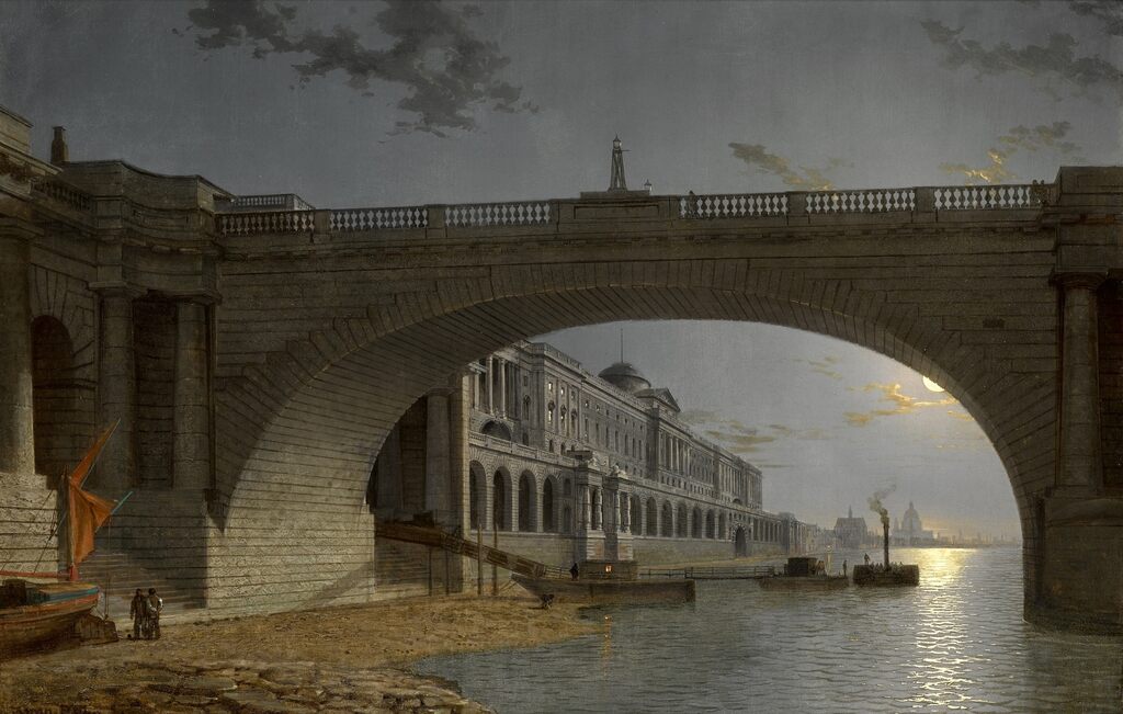 London, a view of Somerset House seen through an arch of Waterloo Bridge