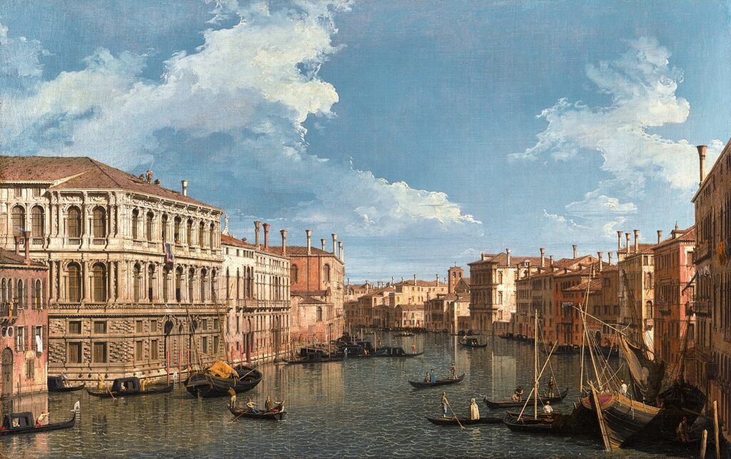 Venice, The Grand Canal, looking north-west, with the Palazzo Pesaro, Palazzo Foscarini, and the pinnacle of San Stae, to the left, with the Palazzo Vendramin-Calergi and San Marcuola, to the right
