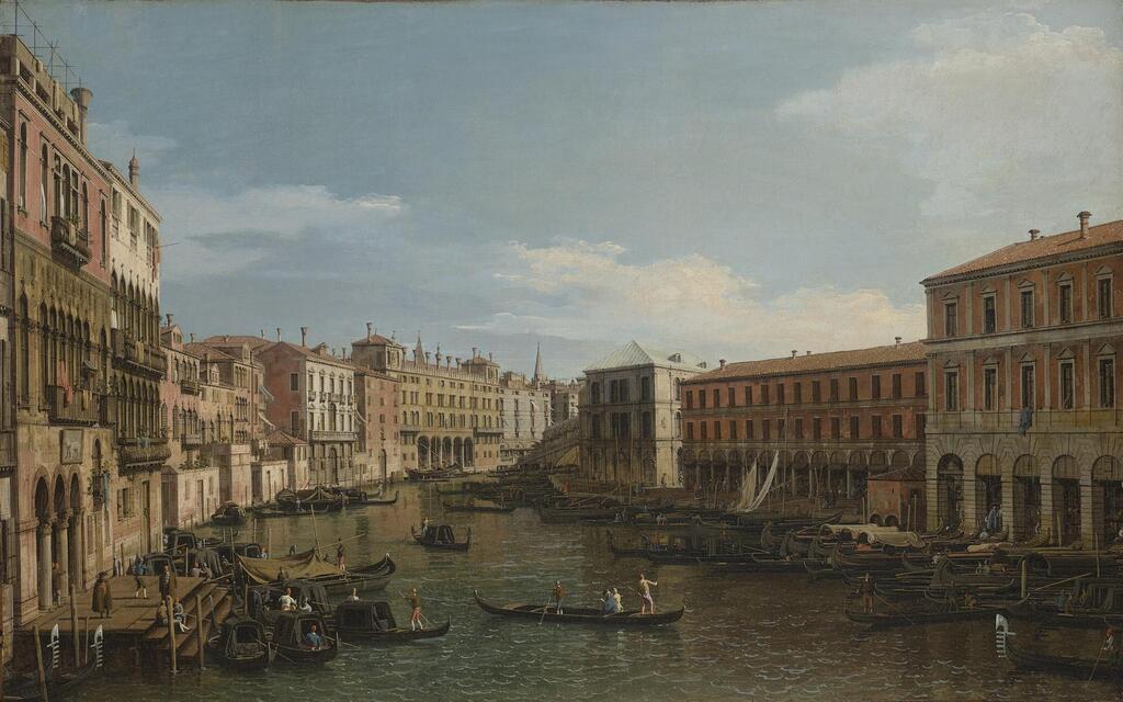 Venice, the Grand Canal looking South, from the Ca' Da Mosto toward the Rialto Bridge