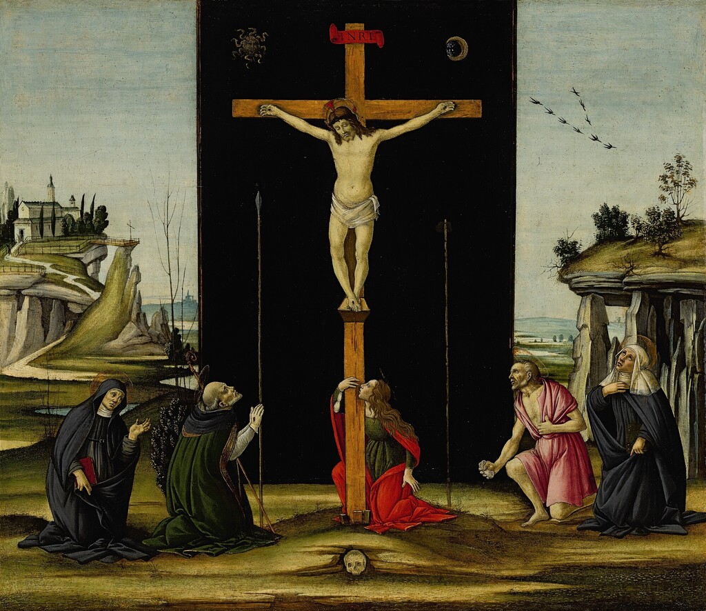  Christ on the Cross adored by Saints Monica, Augustine, Mary Magdalen, Jerome and Bridget of Sweden | 《聖莫尼卡、聖奧古斯丁、聖瑪利亞・瑪達肋納、聖傑羅姆及瑞典聖畢哲敬拜十字架上的耶穌》