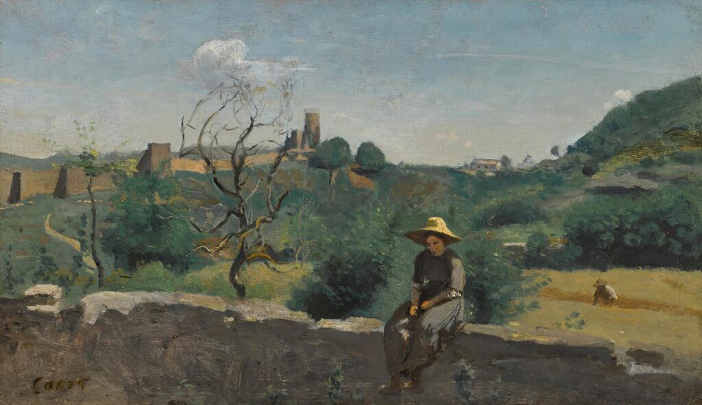 Le Château Sainte-Marie à Crémieu (Isère) – jeune paysanne assise sur un mur au premier plan (Château Sainte-Marie in Crémieu (Isère) – a young peasant woman seated on a wall in the foreground)
