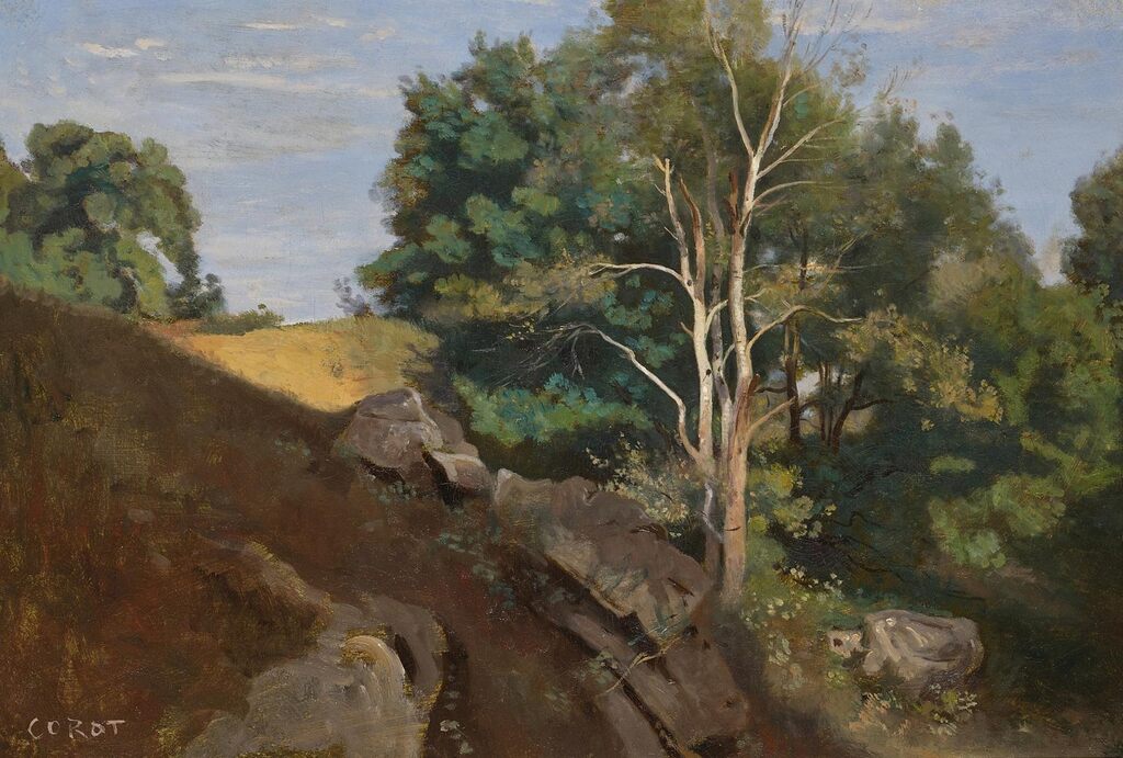 Fontainebleau: Group of trees on the flank of a rocky hillside
