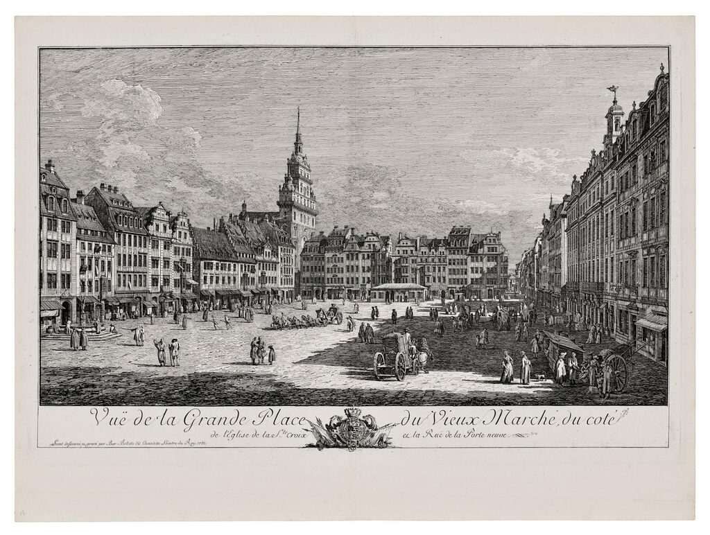 Vue de la Grande Place du Vieux Marché du Coté de l'Eglise de la Sainte Croix et la Rue de la Porte neuve ('Der Altmarkt zu Dresden')
