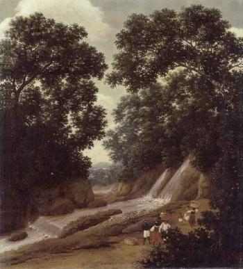 Forest with natives carrying baskets on path by waterfall