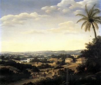 Brazilian landscape with natives on a road approaching a village