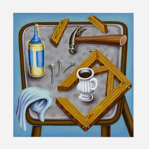 Folding Table with Glue Rag, Hammer, Nails, Stretcher Bars and Cup of Coffee
