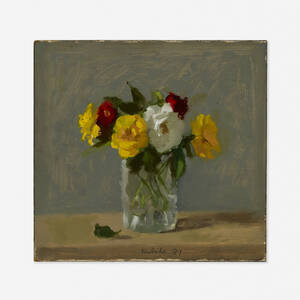 Full Roses in a Glass Vase with Fallen Leaf