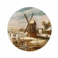 Winter Landscape with an Elegant Couple in a Horse-Drawn Sleigh on a Frozen Canal by a Windmill