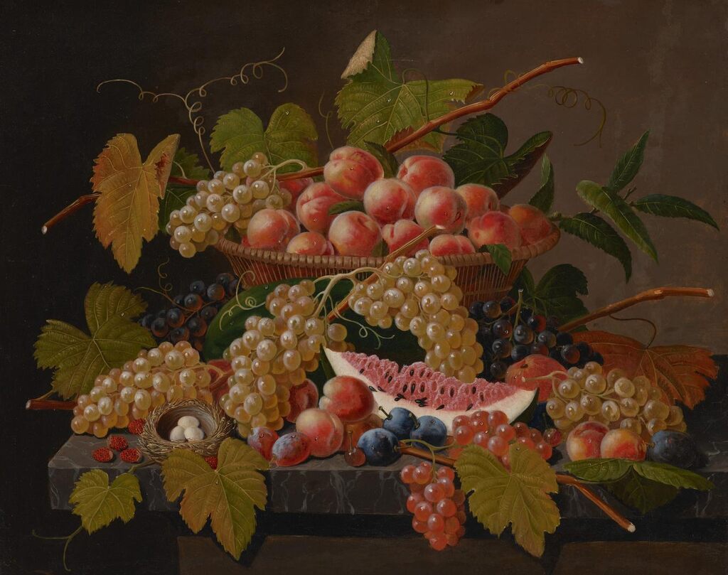Ornate Table Top Still Life with Summer Fruits and Bird's Nest