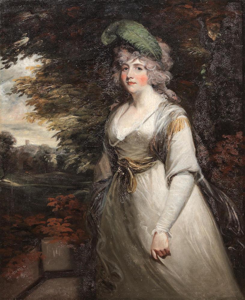 Portrait of Lady Boothby, three-quarter-length, in a grey dress and with a plume in her hair, standing in a landscape