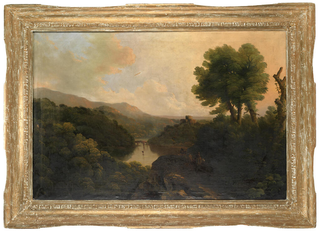 An extensive river landscape with travellers on horseback