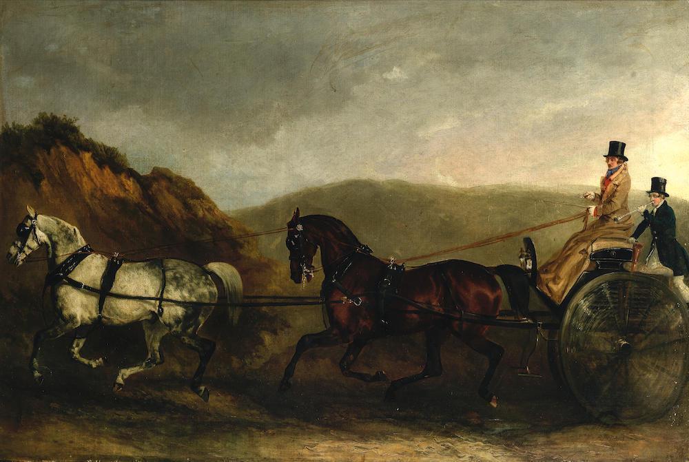 A coach drawn by grey and chestnut horses