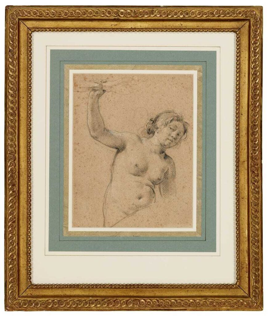 Étude de femme nue en buste, son bras gauche levé tenant une torche